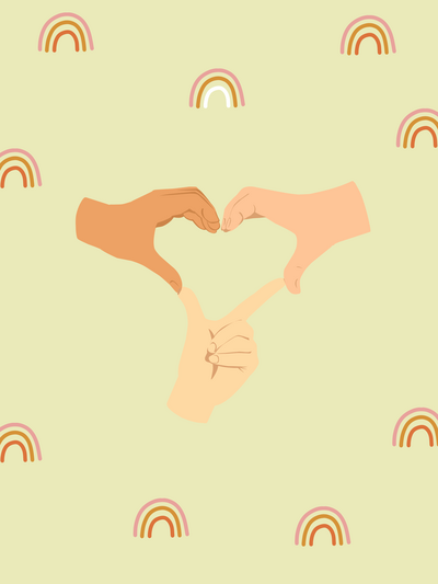 Zwei Hände formen ein Herz über einer dritten Hand mit erhobenem Daumen, auf grünem Hintergrund mit Regenbogen-Mustern @Canva
