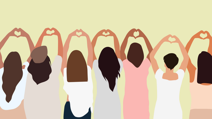 Illustration verschiedener Frauen von hinten, die Herzzeichen mit ihren Händen in die Luft halten