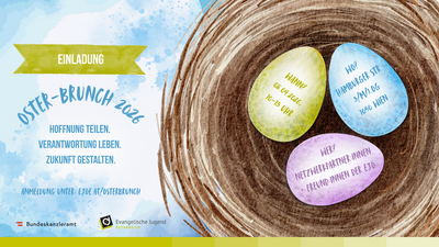 Illustrationsbasierte Einladung zum Oster-Brunch 2026 mit bunten Eiern in einem Nest.
